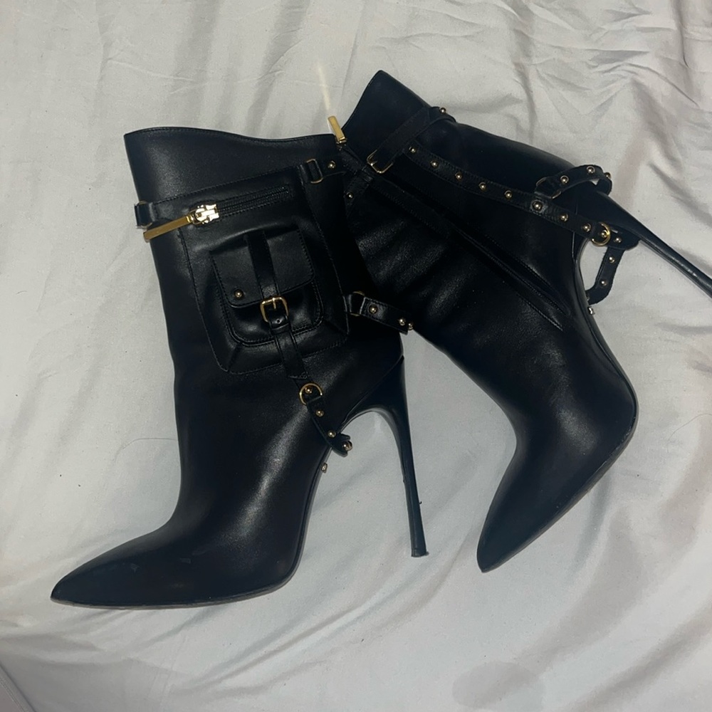 Black leather moto stiletto boot